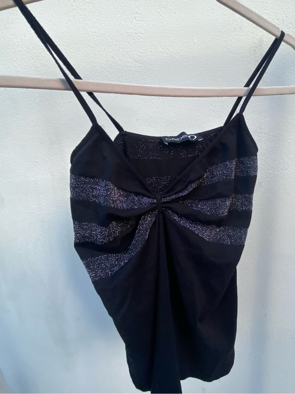 Y2K bebe Black & Silver Glitter Stripe Ruched Spandex Tank Top Size Small